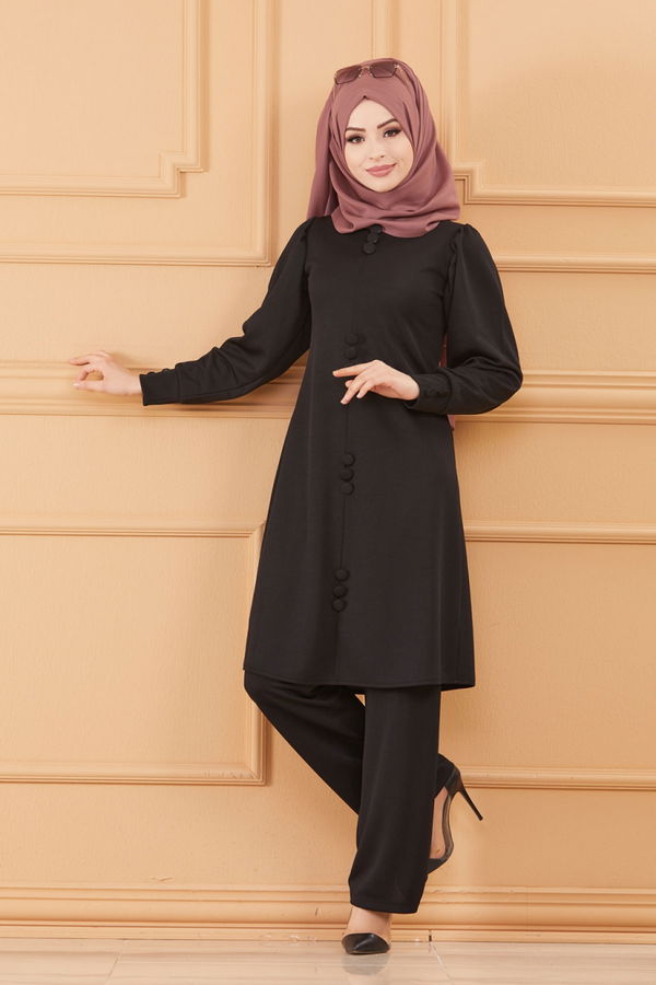 Düz Bisiklet Yaka Kadın Siyah TUNIK PANTOLON - 3685