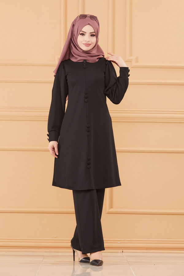 Düz Bisiklet Yaka Kadın Siyah TUNIK PANTOLON - 3685