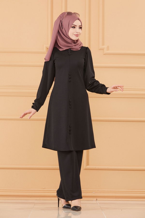 Düz Bisiklet Yaka Kadın Siyah TUNIK PANTOLON - 3685