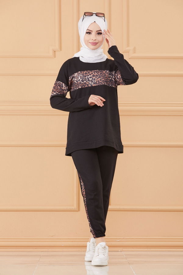 Düz Bisiklet Yaka Kadın Siyah TUNIK PANTOLON - 8827