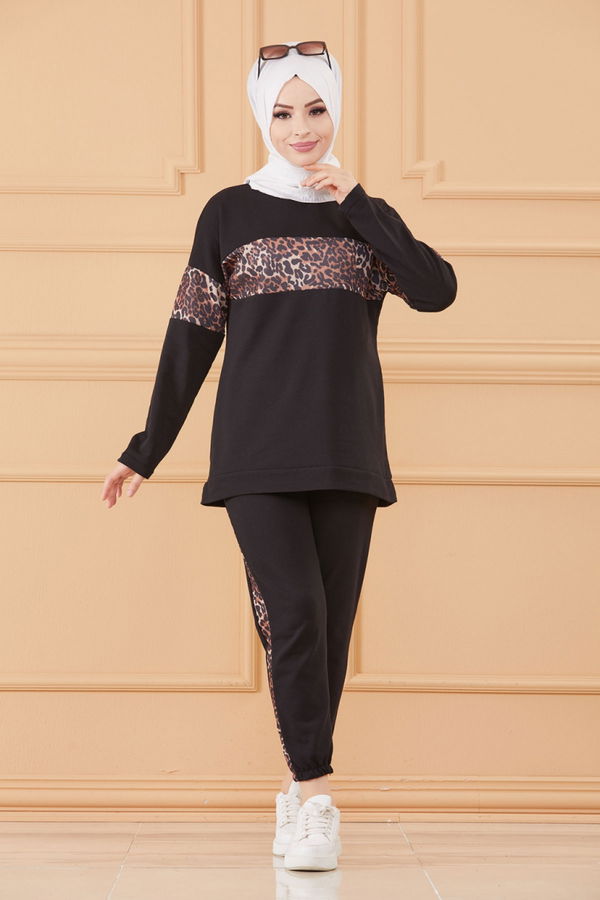 Düz Bisiklet Yaka Kadın Siyah TUNIK PANTOLON - 8827
