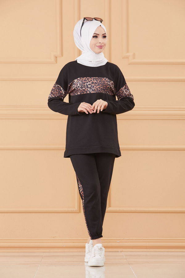 Düz Bisiklet Yaka Kadın Siyah TUNIK PANTOLON - 8827