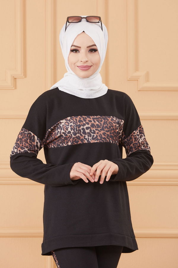 Düz Bisiklet Yaka Kadın Siyah TUNIK PANTOLON - 8827