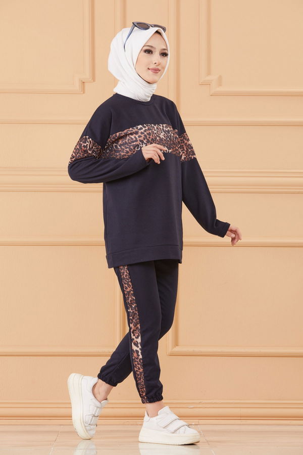 Düz Bisiklet Yaka Kadın Lacivert TUNIK PANTOLON - 8827 LACİVERT
