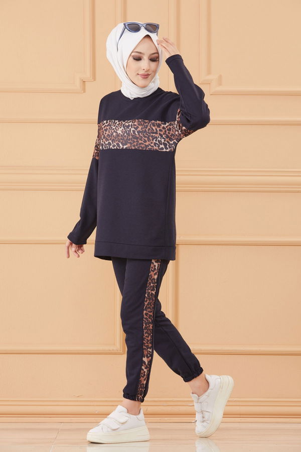 Düz Bisiklet Yaka Kadın Lacivert TUNIK PANTOLON - 8827 LACİVERT