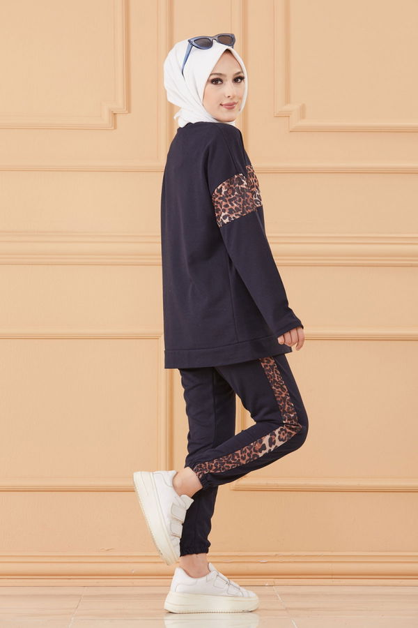 Düz Bisiklet Yaka Kadın Lacivert TUNIK PANTOLON - 8827 LACİVERT