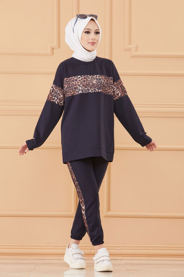 Düz Bisiklet Yaka Kadın Lacivert TUNIK PANTOLON - 8827 LACİVERT