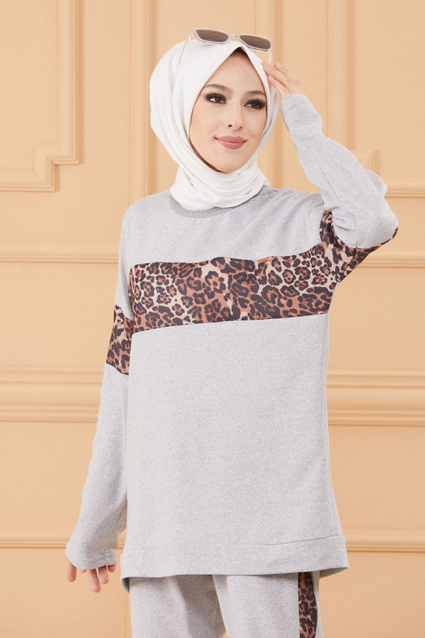 Düz Bisiklet Yaka Kadın Gri TUNIK PANTOLON - 8827