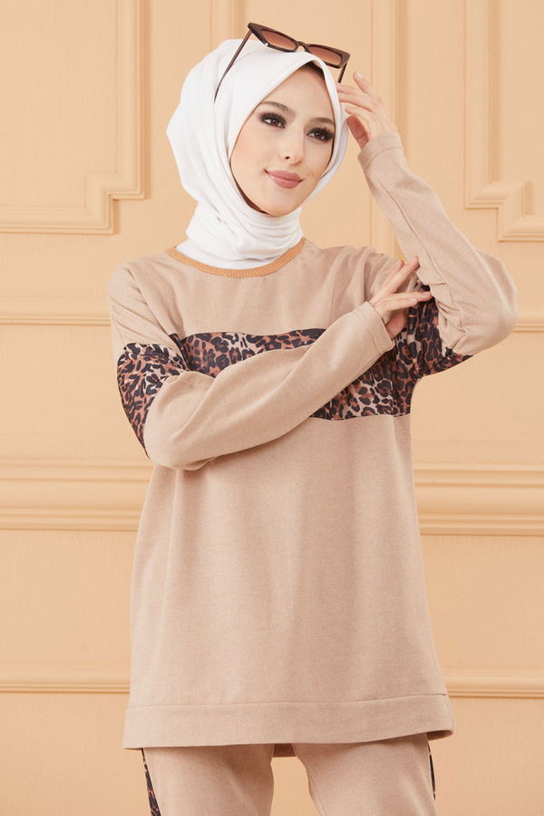 Düz Bisiklet Yaka Kadın Bej TUNIK PANTOLON - 8827 BEJ