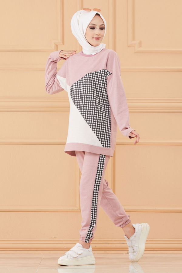 Düz Bisiklet Yaka Kadın Pembe TUNIK PANTOLON - 8829 PEMBE