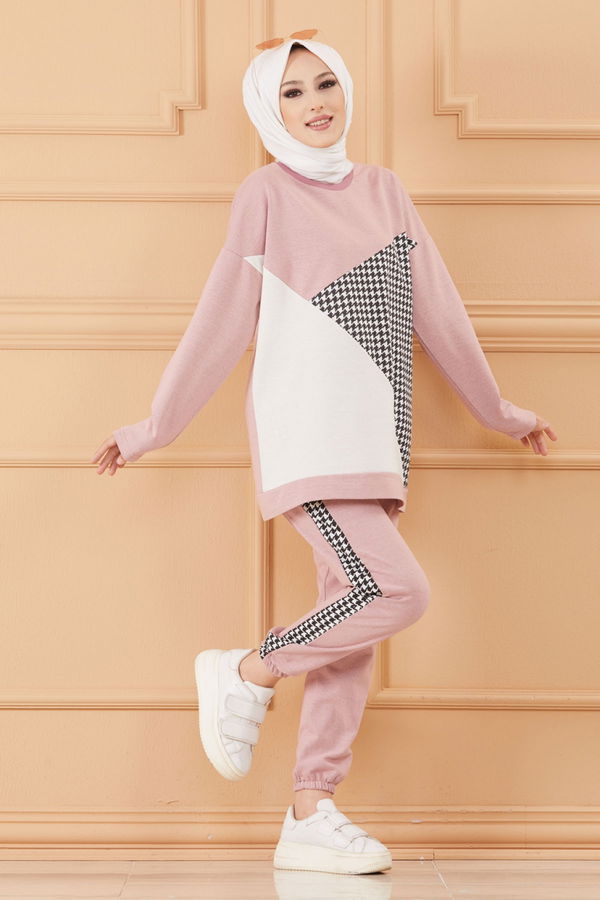 Düz Bisiklet Yaka Kadın Pembe TUNIK PANTOLON - 8829 PEMBE
