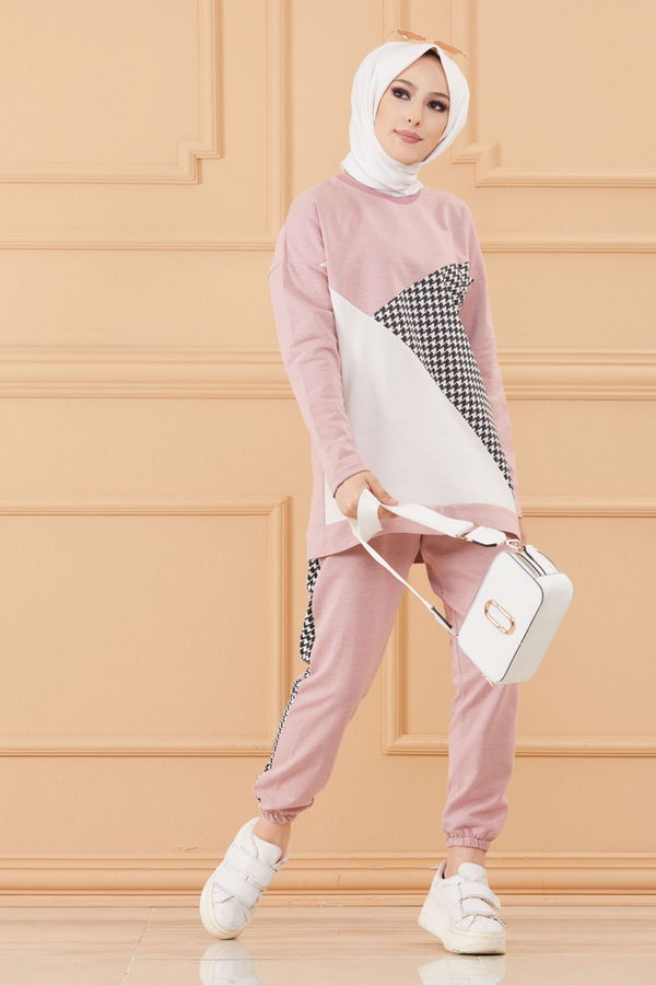 Düz Bisiklet Yaka Kadın Pembe TUNIK PANTOLON - 8829 PEMBE
