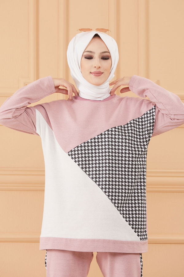 Düz Bisiklet Yaka Kadın Pembe TUNIK PANTOLON - 8829 PEMBE