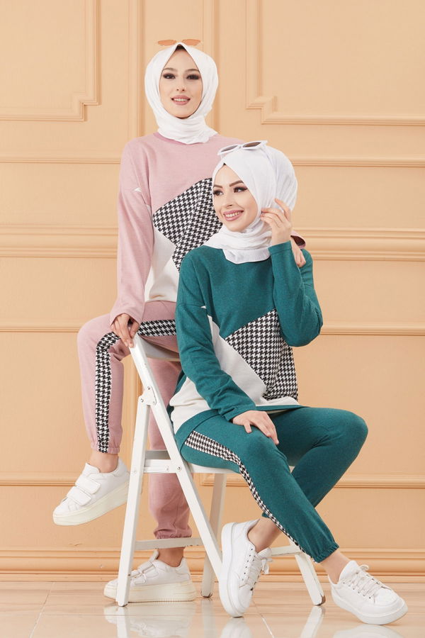 Düz Bisiklet Yaka Kadın Pembe TUNIK PANTOLON - 8829 PEMBE