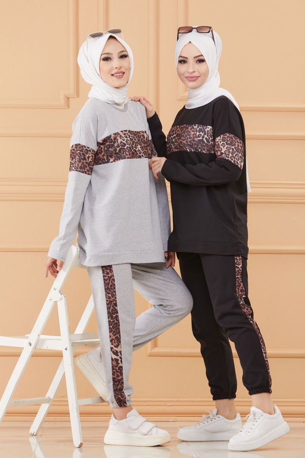 Düz Bisiklet Yaka Kadın Gri TUNIK PANTOLON - 8827