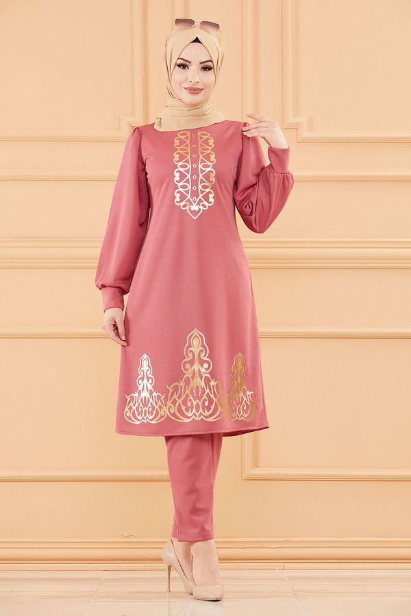 Düz Bisiklet Yaka Kadın Pembe TUNIK PANTOLON - 3645