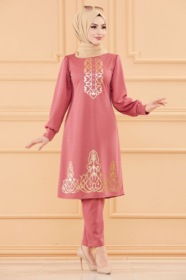 Düz Bisiklet Yaka Kadın Pembe TUNIK PANTOLON - 3645