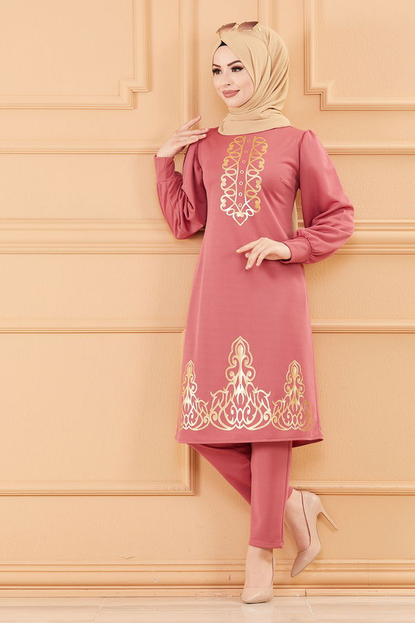 Düz Bisiklet Yaka Kadın Pembe TUNIK PANTOLON - 3645