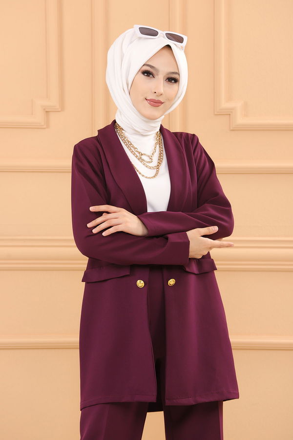Düz Orta Kadın Mor CEKET PANTOLON - 3501