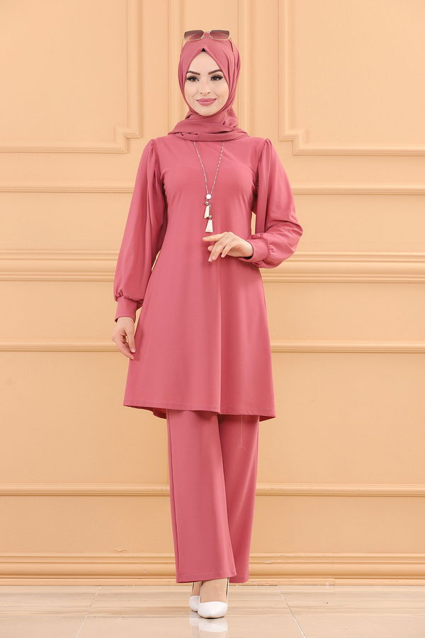 Düz Bisiklet Yaka Kadın Pembe TUNIK PANTOLON - 3593 PEMBE