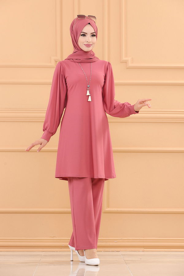 Düz Bisiklet Yaka Kadın Pembe TUNIK PANTOLON - 3593 PEMBE