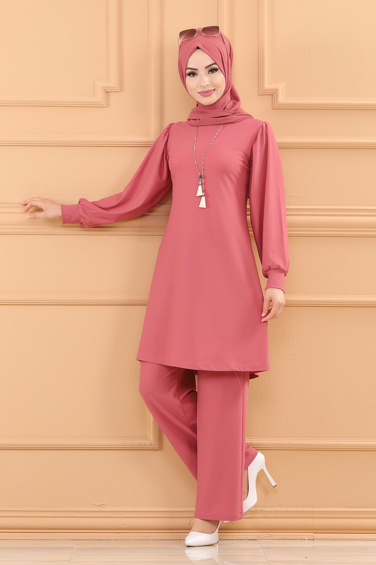 Düz Bisiklet Yaka Kadın Pembe TUNIK PANTOLON - 3593 PEMBE