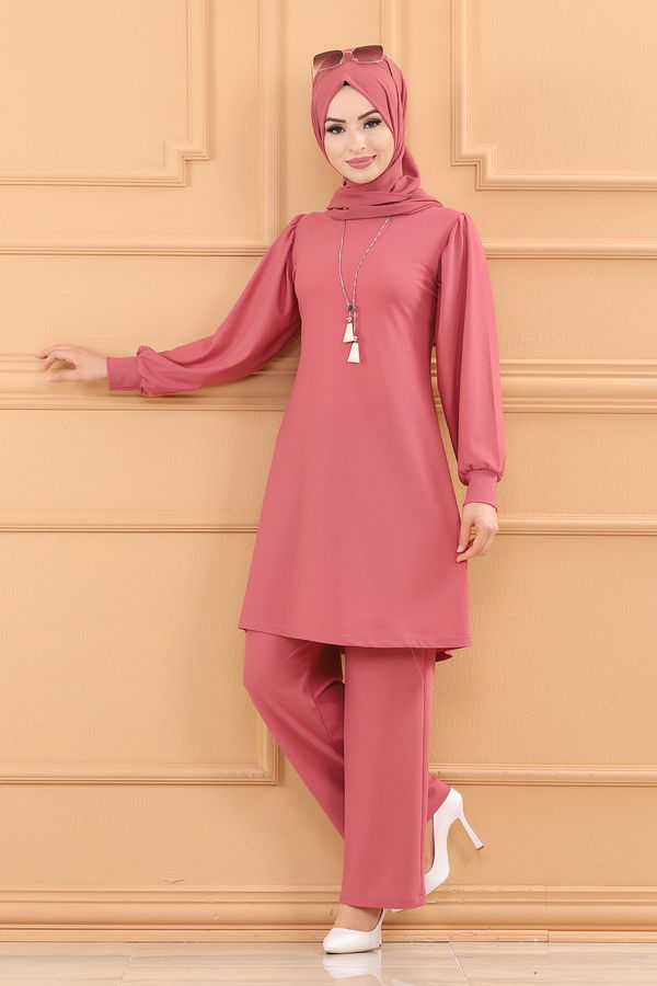 Düz Bisiklet Yaka Kadın Pembe TUNIK PANTOLON - 3593 PEMBE