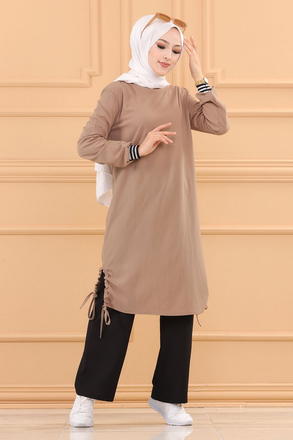 Düz Bisiklet Yaka Kadın Vizon TUNIK PANTOLON - 3705 VİZON