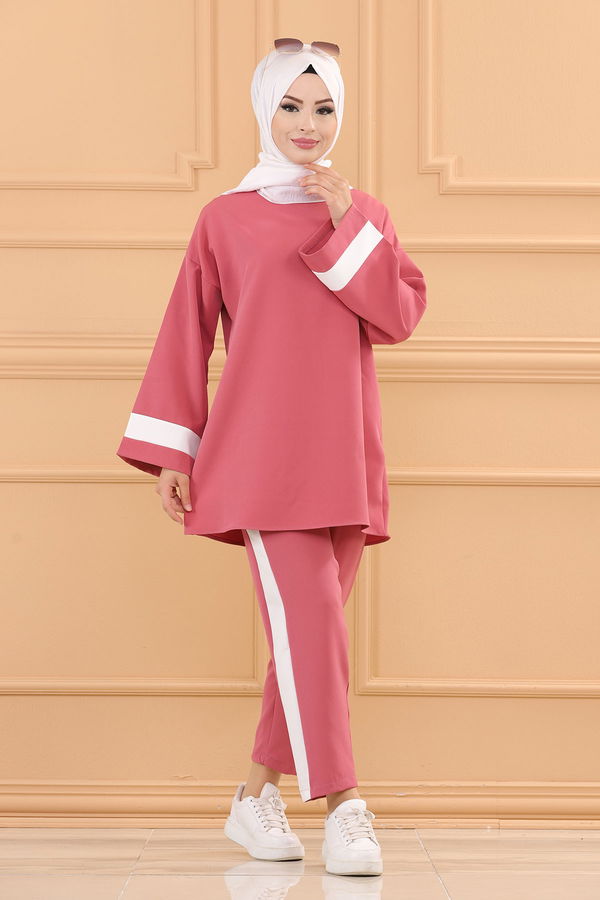 Düz Bisiklet Yaka Kadın Pembe TUNIK PANTOLON - 3545 PEMBE
