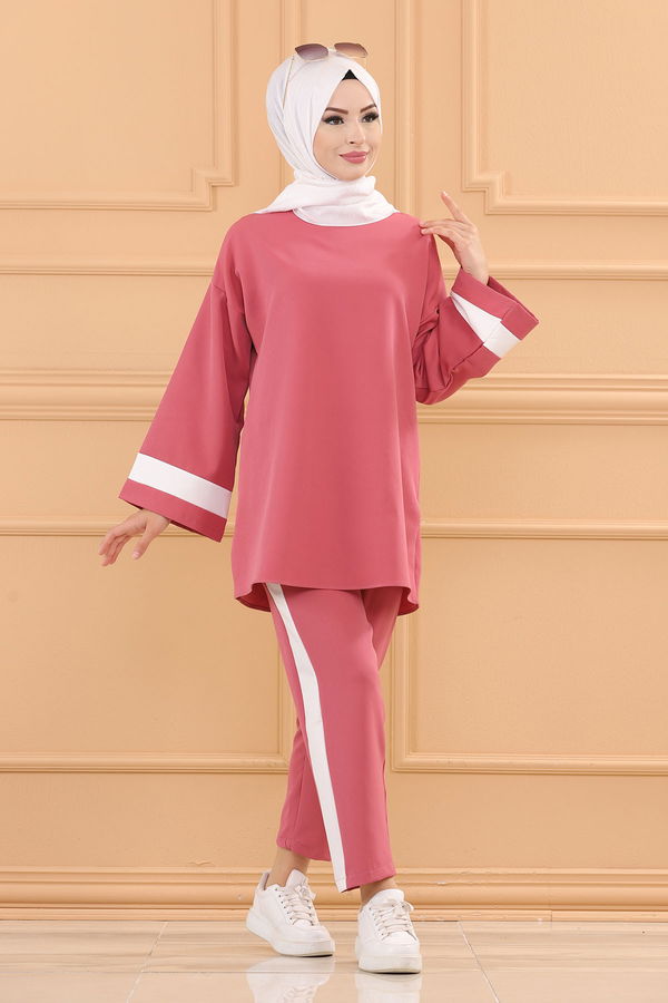 Düz Bisiklet Yaka Kadın Pembe TUNIK PANTOLON - 3545 PEMBE