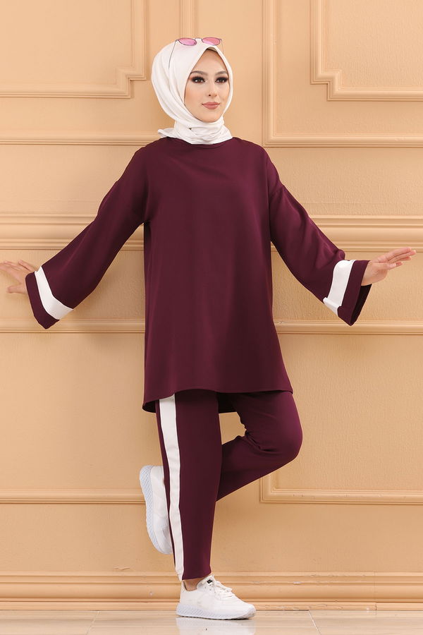 Düz Bisiklet Yaka Kadın Mor TUNIK PANTOLON - 3545 MOR