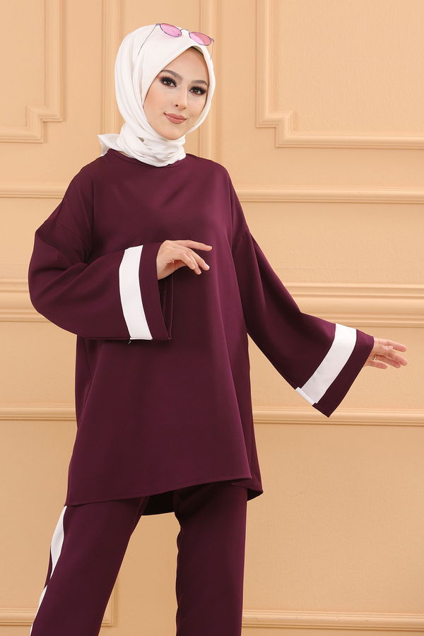 Düz Bisiklet Yaka Kadın Mor TUNIK PANTOLON - 3545 MOR