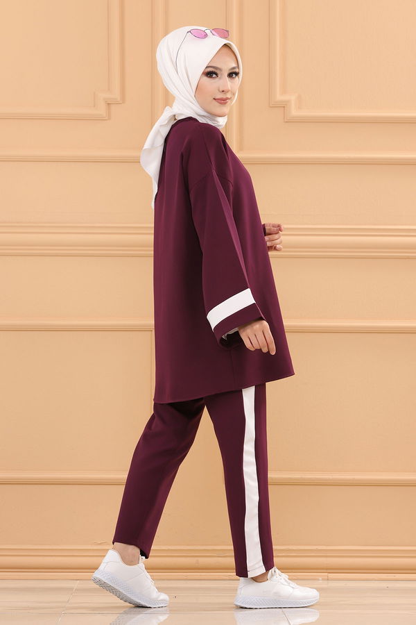 Düz Bisiklet Yaka Kadın Mor TUNIK PANTOLON - 3545 MOR