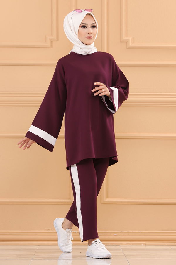Düz Bisiklet Yaka Kadın Mor TUNIK PANTOLON - 3545 MOR