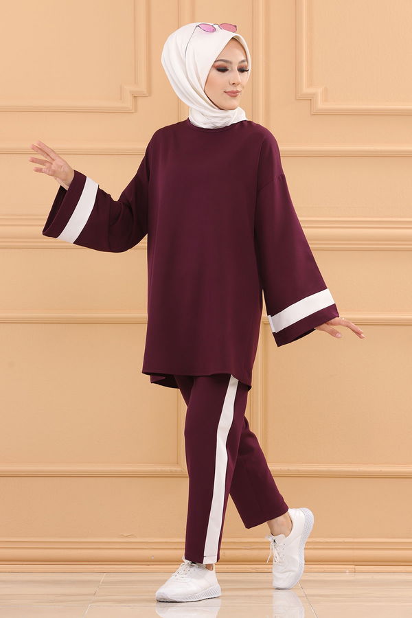 Düz Bisiklet Yaka Kadın Mor TUNIK PANTOLON - 3545 MOR