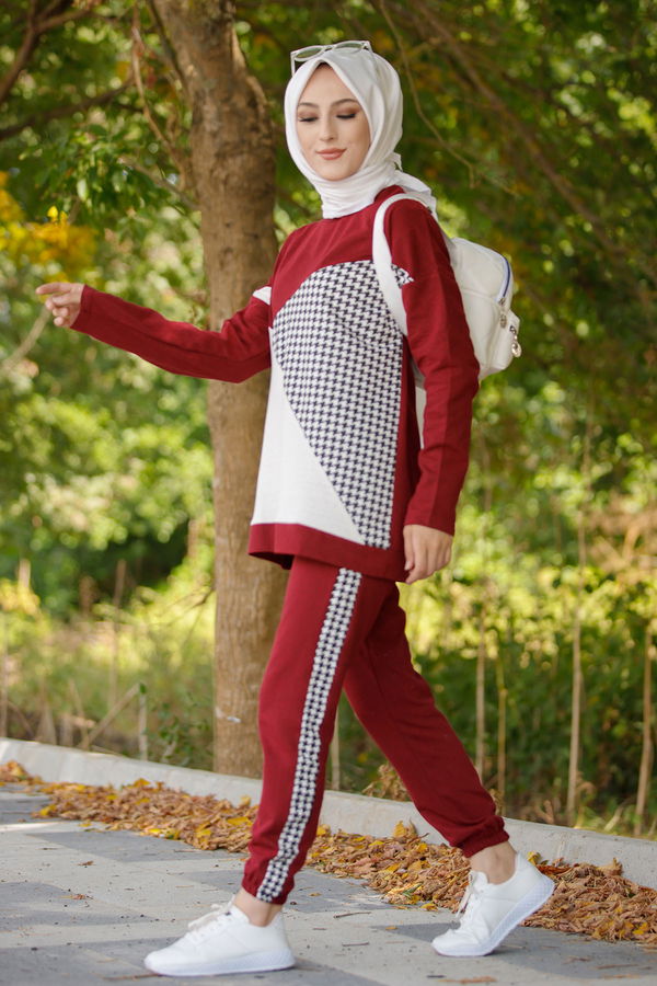 Düz Bisiklet Yaka Kadın Bordo TUNIK PANTOLON - 8829 BORDO