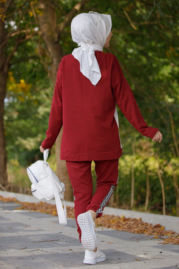 Düz Bisiklet Yaka Kadın Bordo TUNIK PANTOLON - 8829 BORDO
