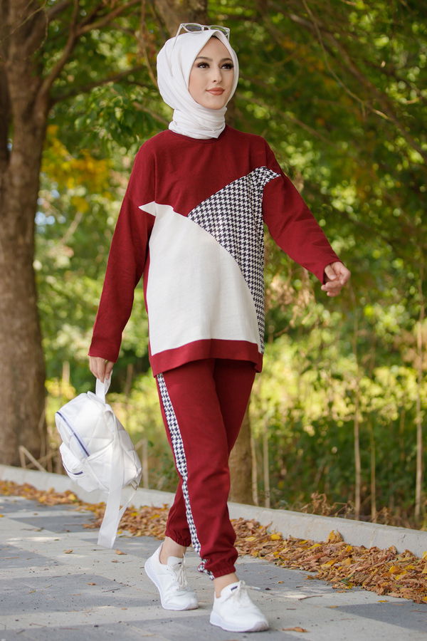 Düz Bisiklet Yaka Kadın Bordo TUNIK PANTOLON - 8829 BORDO