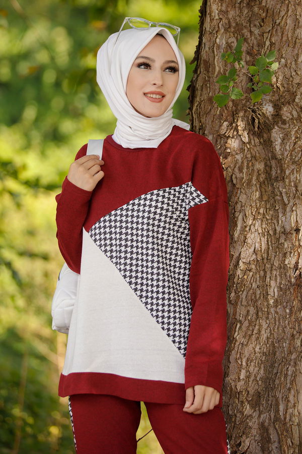 Düz Bisiklet Yaka Kadın Bordo TUNIK PANTOLON - 8829 BORDO