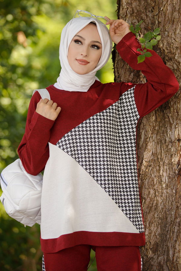 Düz Bisiklet Yaka Kadın Bordo TUNIK PANTOLON - 8829 BORDO