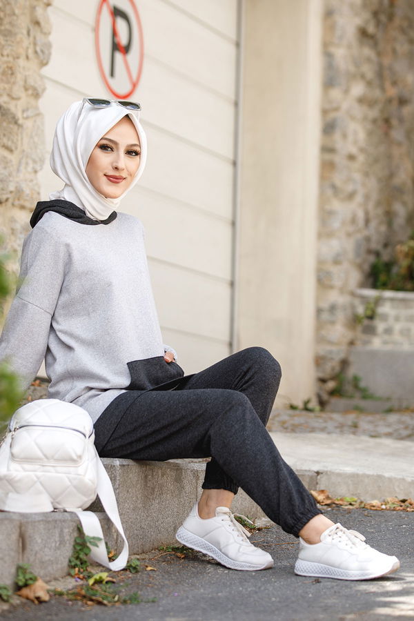 Düz Kapsonlu Yaka Kadın Gri TUNIK PANTOLON - 8813 GRİ
