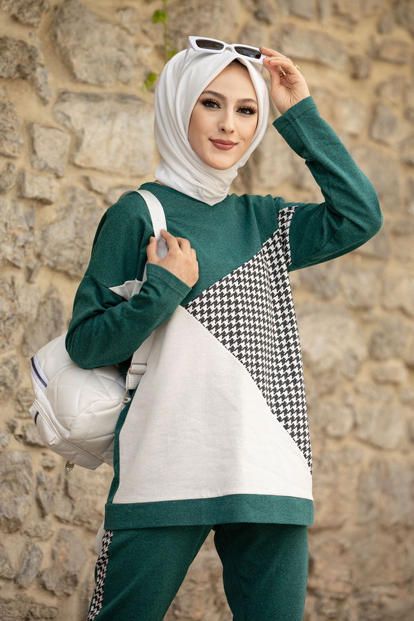 Düz Bisiklet Yaka Kadın Yeşil TUNIK PANTOLON - 8829 YEŞİL