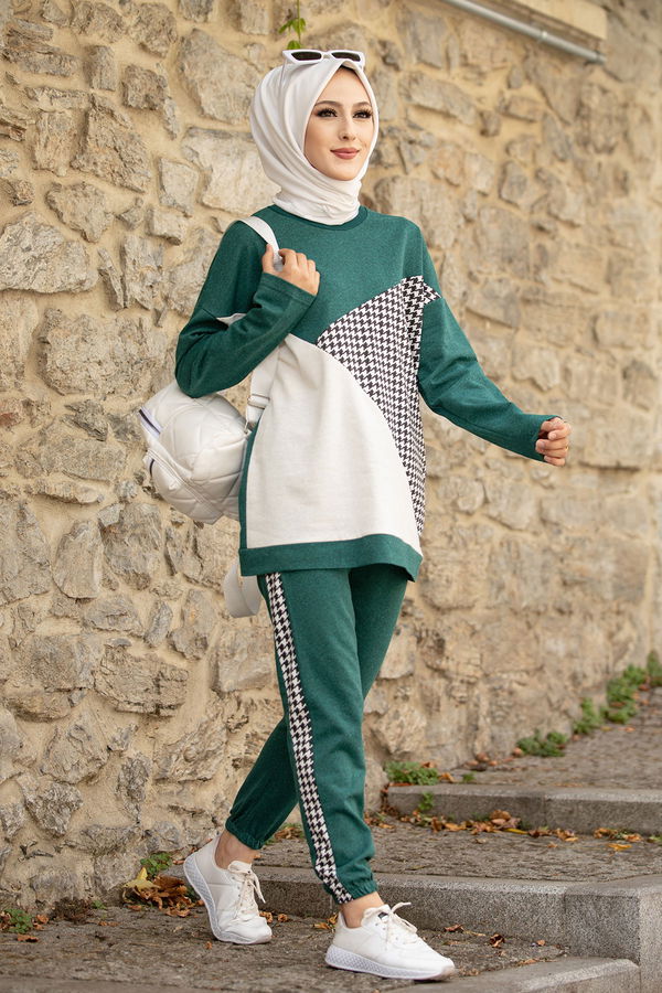 Düz Bisiklet Yaka Kadın Yeşil TUNIK PANTOLON - 8829 YEŞİL