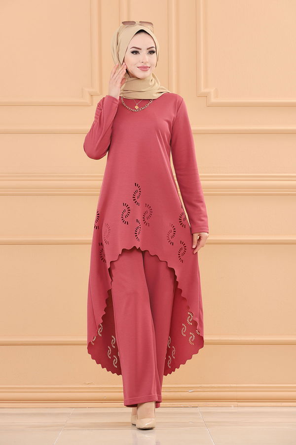 Düz Bisiklet Yaka Kadın Pembe TUNIK PANTOLON - 3602 PEMBE
