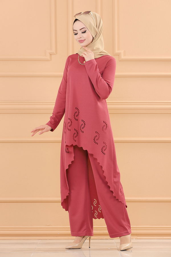 Düz Bisiklet Yaka Kadın Pembe TUNIK PANTOLON - 3602 PEMBE
