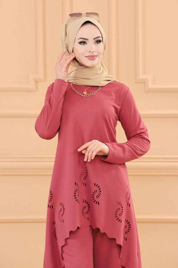Düz Bisiklet Yaka Kadın Pembe TUNIK PANTOLON - 3602 PEMBE