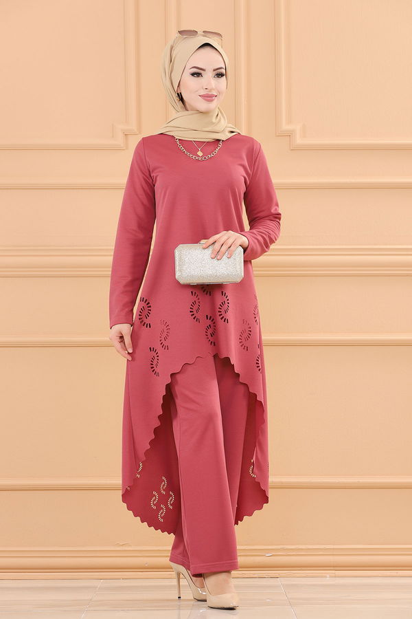 Düz Bisiklet Yaka Kadın Pembe TUNIK PANTOLON - 3602 PEMBE