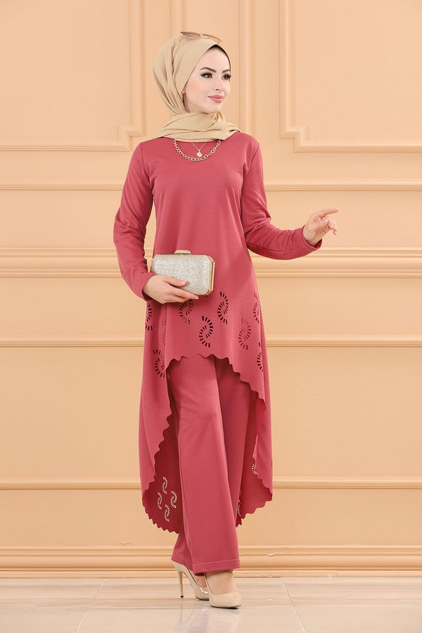 Düz Bisiklet Yaka Kadın Pembe TUNIK PANTOLON - 3602 PEMBE