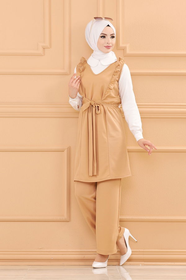 Düz V Yaka Kadın Vizon TUNIK PANTOLON - 3710 VİZON