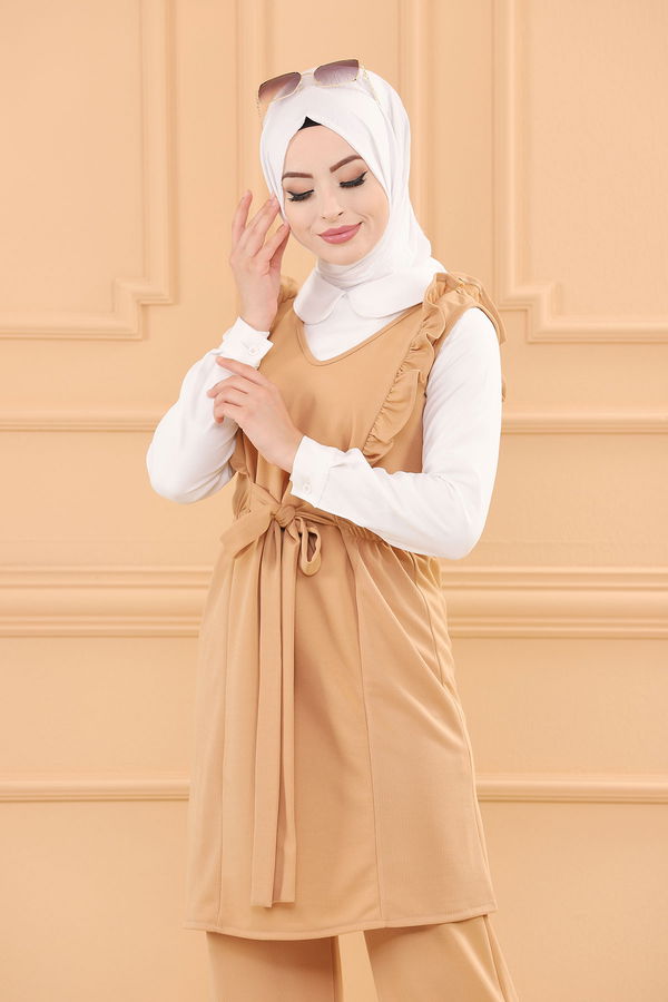 Düz V Yaka Kadın Vizon TUNIK PANTOLON - 3710 VİZON